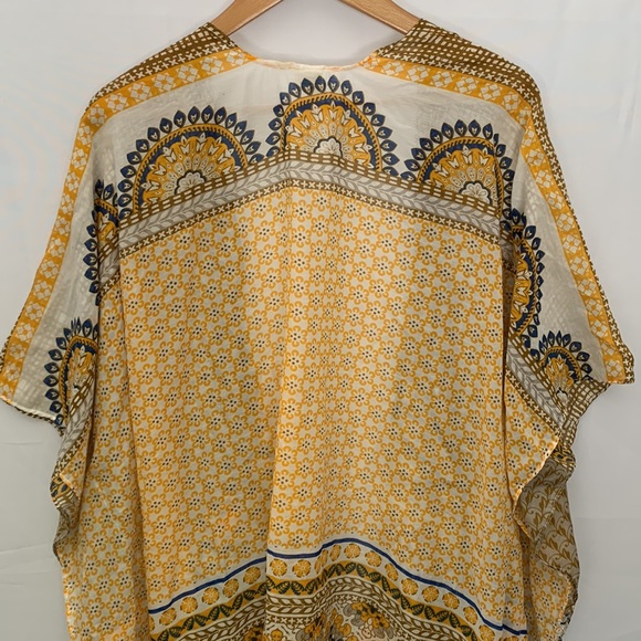 RAJ Boho Lightweight Cotton Kimono w/ Tassels Yellow Tan Beach Coverup - Picture 9 of 12